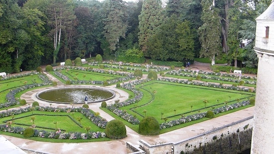 View of Catherine de Medici gardens from the chateau at Chenonceau