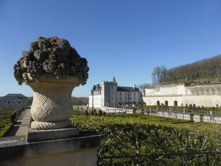 Chateau Villandry in the Loire Valley viewed from the urn on the terrace