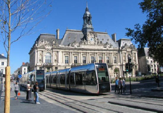 Tram in front of town hall in Tours