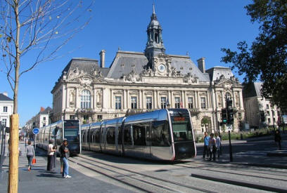 Tram in front of town hall in Tours