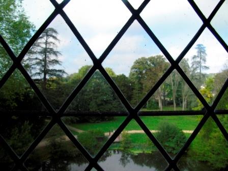 view through leaded window in chateau Azay le Rideau 