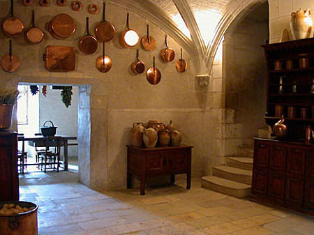 Copper pot display in the kitchens of Chateau de Chenonceau