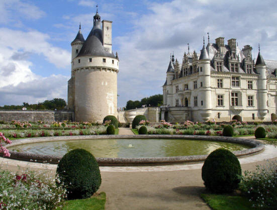 View of Chateau de Chenonceau in the Loire Valley from the gardens of Catherine de Medici