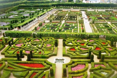 looking down at the cross garden and kitchen gasden from the tower at Chateau Villandry in the Loire Valley France