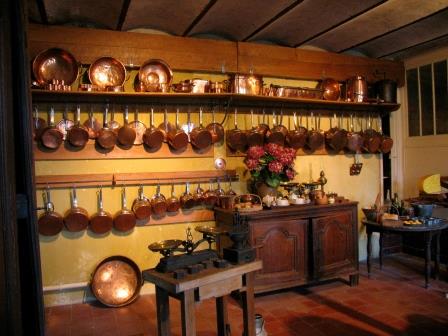 pots in the kitchen in Chateau de Montpoupon in the Loire Valley in France