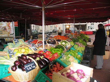 vegetable stall at  Descartes Market in Indre et Loire, France