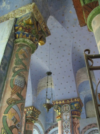 painted pillars and capitals at Notre-Dame de Riviere 